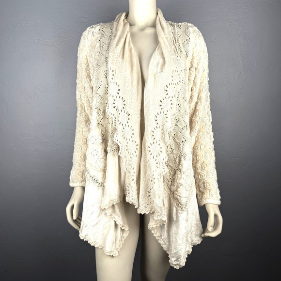 No Brand Sweaters - Ivory Boho Lace Waterfall Cardigan‎ L Sweater Made in Italy Open Knit Romantic